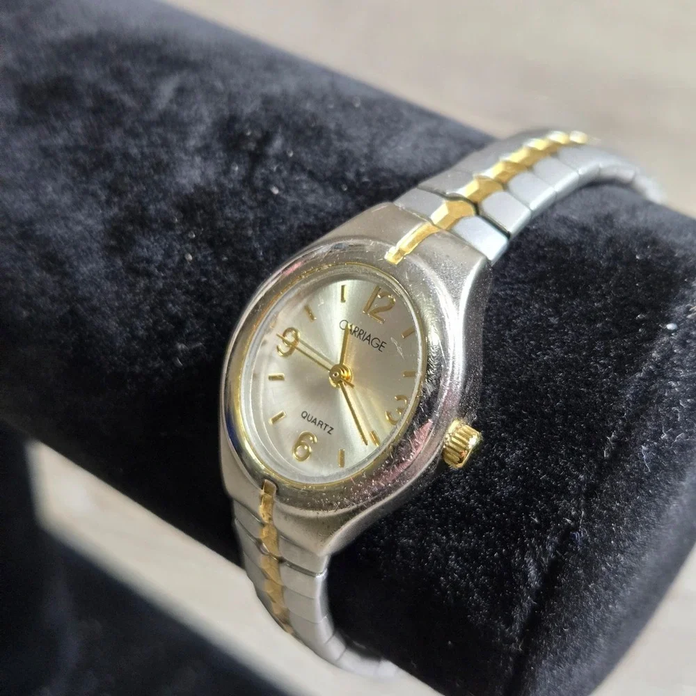 Timex Carriage Women's Quartz Watch Silver Gold Tone Stretch Band Analog Dress